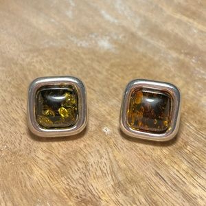 Genuine Amber 925 Sterling Silver Square Stud Earrings